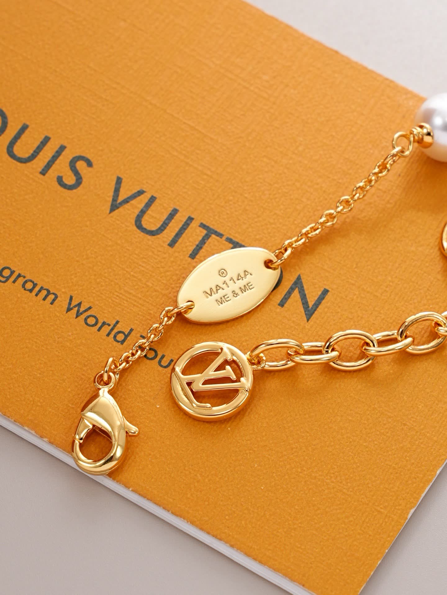 Louis Vuitton Pink Enamel Logo Bracelet with Pearls